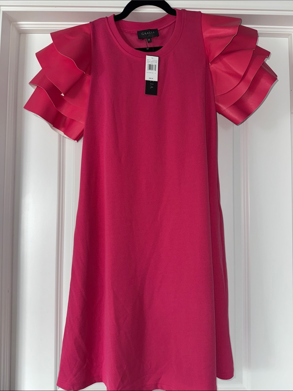 Gracia Women's Hot Pink Layered Ruffle Sleeve Dress
